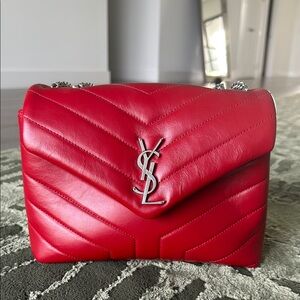 Saint Laurent Red Shoulder Bag with Chevron Quilting and Silver Logo